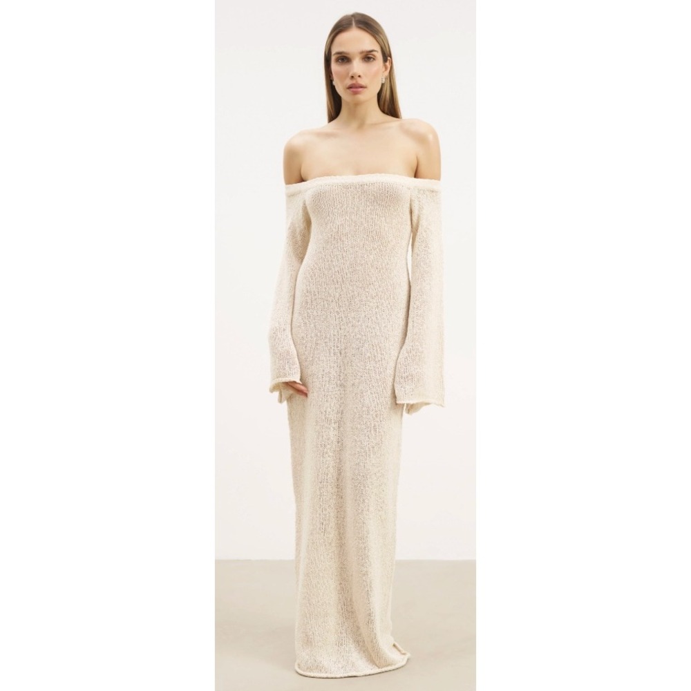 Boa Crochet Knit Off Shoulder Maxi Dress Cream Bell Sleeve BOA03713 Womens XS